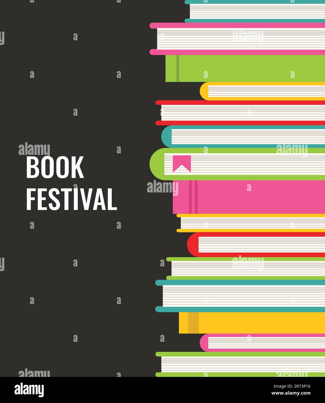 Book festival vector background with colorful books. Stack of colorful books on dark background. Stock Vector