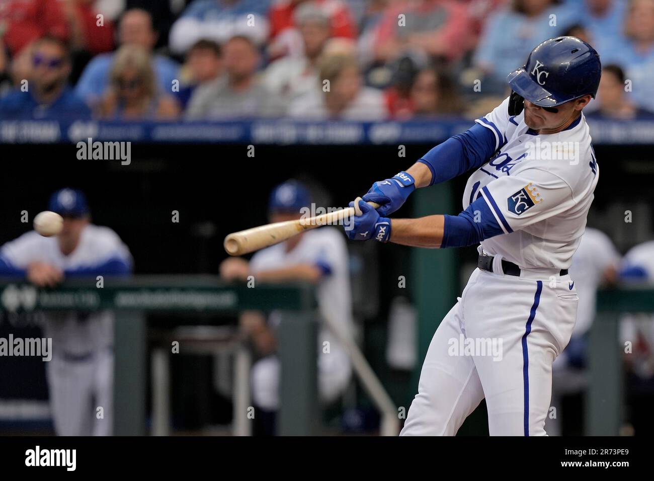 Kansas City Royals' Nick Pratto hits a two-run double during the first  inning of a baseball game against the Cincinnati Reds Monday, June 12,  2023, in Kansas City, Mo. (AP Photo/Charlie Riedel