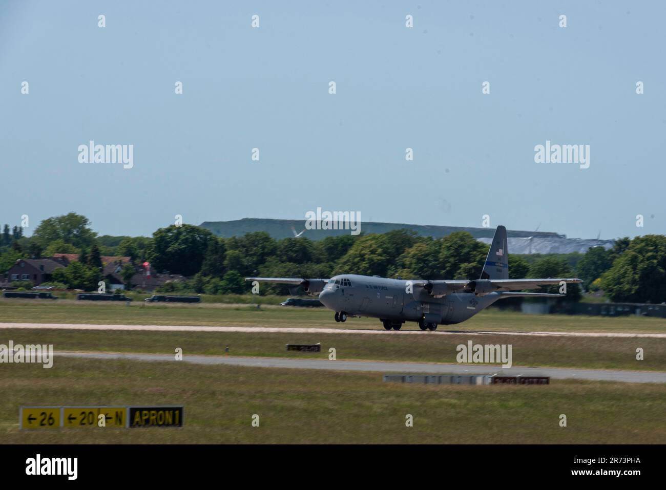 A U.S. Air Force C-130J Super Hercules aircraft operated by the 123rd Airlift Wing, Kentucky National Guard, lifts off of the runway during exercise Air Defender 2023 (AD23) at Wunstorf Air Base, Wunstorf, Germany, June 4, 2023. Exercise AD23 integrates both U.S. and Allied air-power to defend shared values, while leveraging and strengthening vital partnerships to deter aggression around the world. (U.S. Air National Guard photo by Staff Sgt. Paul Helmig) Stock Photo