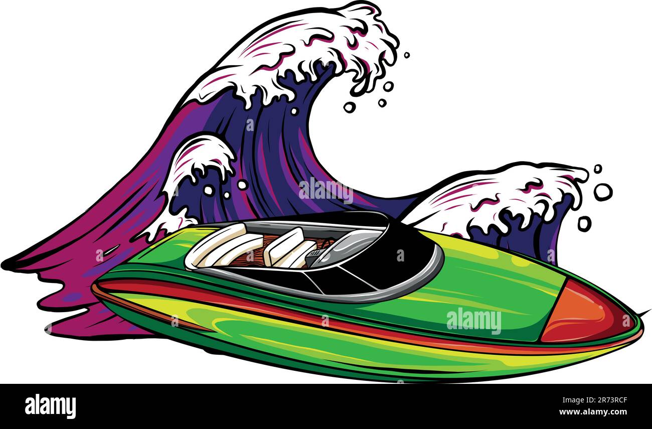 Speeding Motorboat Vector Clipart Set / Outline & Stamp 