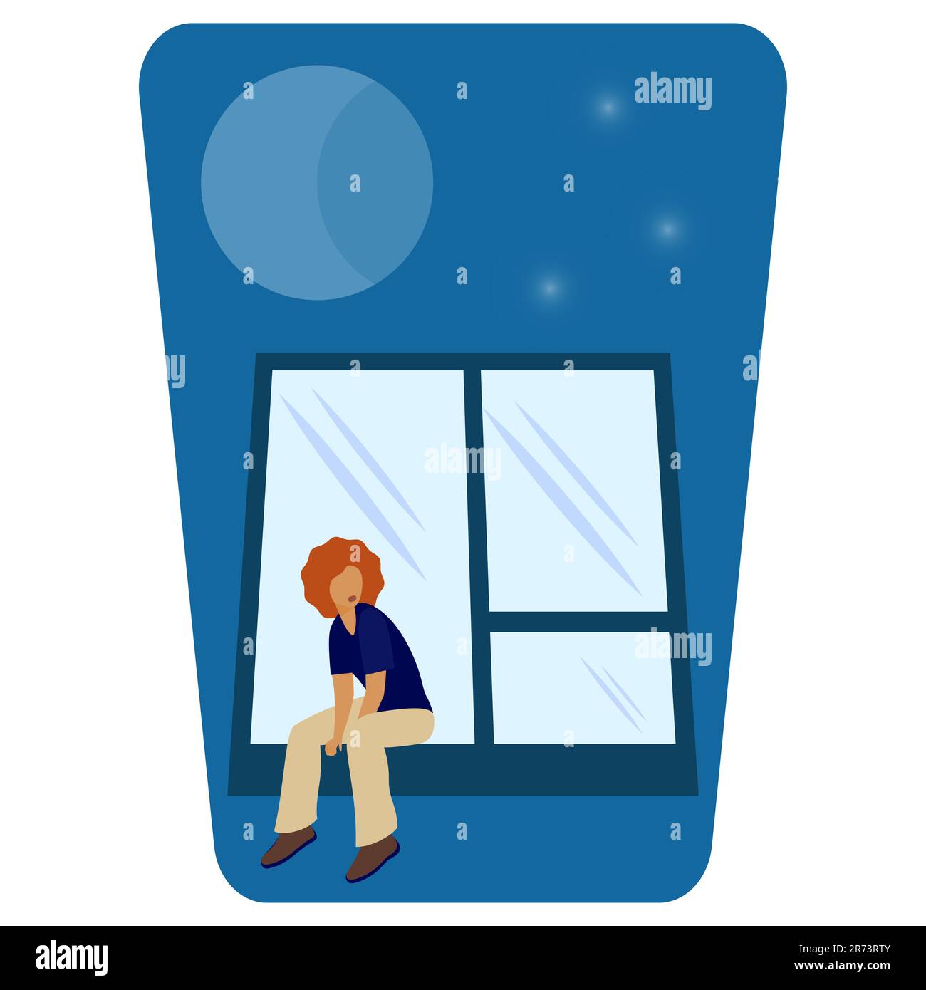 Girl is sitting on the windowsill. Night sky and window. Vertical vector illustration. Isolated on white background Stock Vector