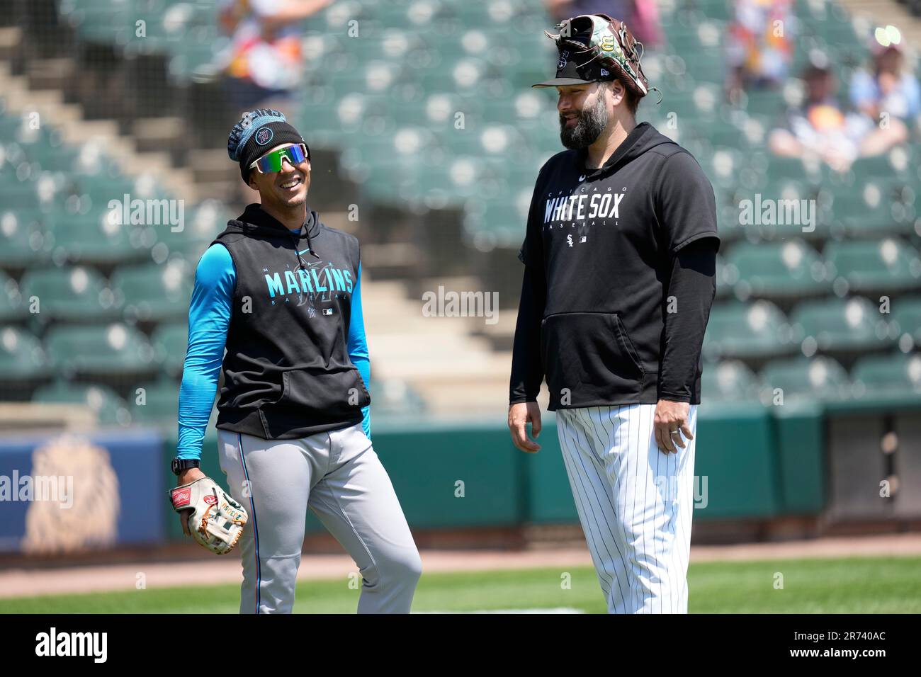 Miami Marlins first base coach Jon Jay, left, and Chicago White Sox's Lance  Lynn talk before a baseball game between the two clubs Saturday, June 10,  2023, in Chicago. (AP Photo/Charles Rex