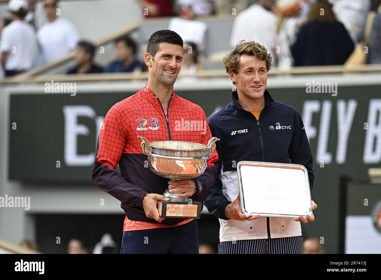 Novak Djokovic and Capser Ruud during the French Open final, Grand Slam  tennis tournament on June 11, 2023 at Roland Garros stadium in Paris, France.  Photo Victor Joly / DPPI - Photo: