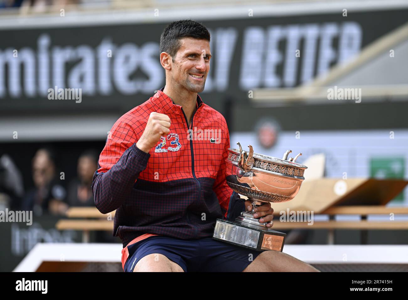 Novak Djokovic with the trophy ("La Coupe des Mousquetaires") during the  French Open final, Grand Slam tennis tournament on June 11, 2023 at Roland  Garros stadium in Paris, France. Photo Victor Joly /