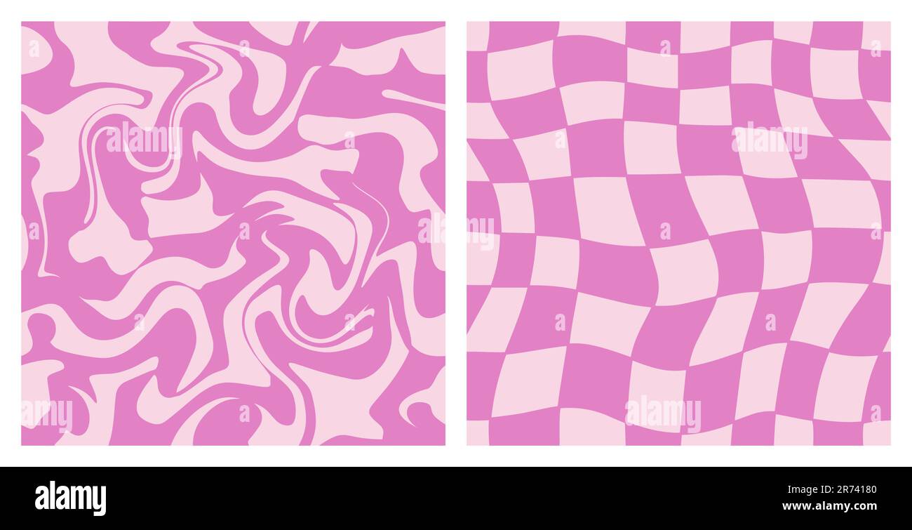 1970 Trippy Grid and Wavy Swirl Seamless Pattern Pack in Pink Color. Hand-Drawn Vector Illustration. Seventies Style, Groovy Background, Wallpaper, Print. Flat Design, Hippie Aesthetic. Stock Vector