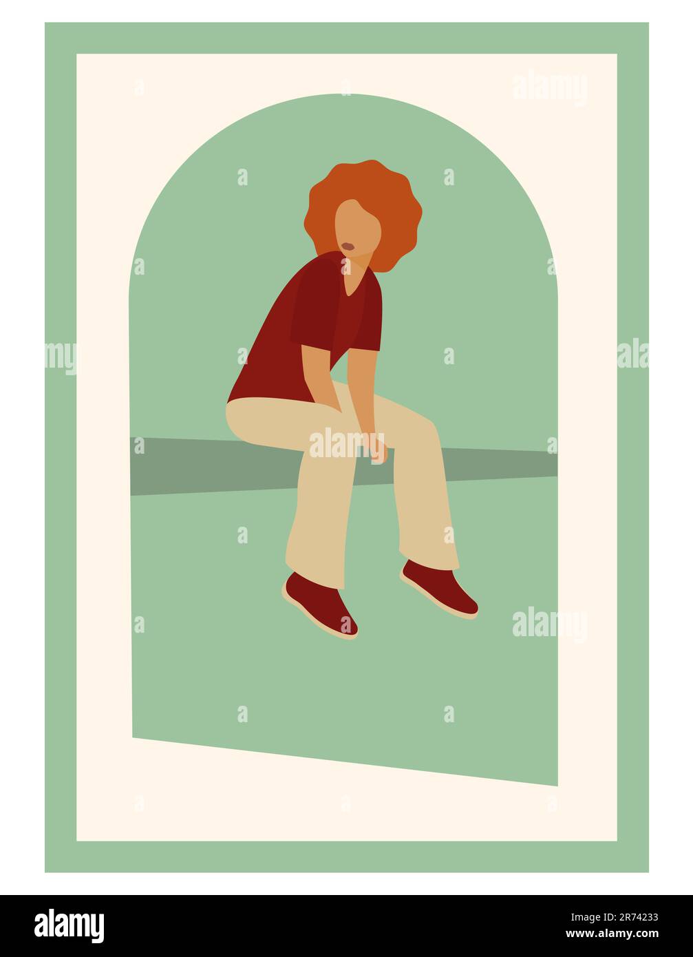 Girl sitting on the balcony railing. Faceless people portrait. Vertical vector illustration. Isolated on white background Stock Vector