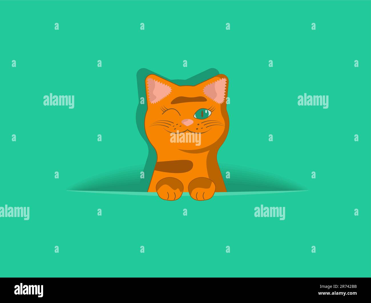 Empty solid green background with hiding ginger tabby cat. Template for holiday postcard or greeting card Stock Vector