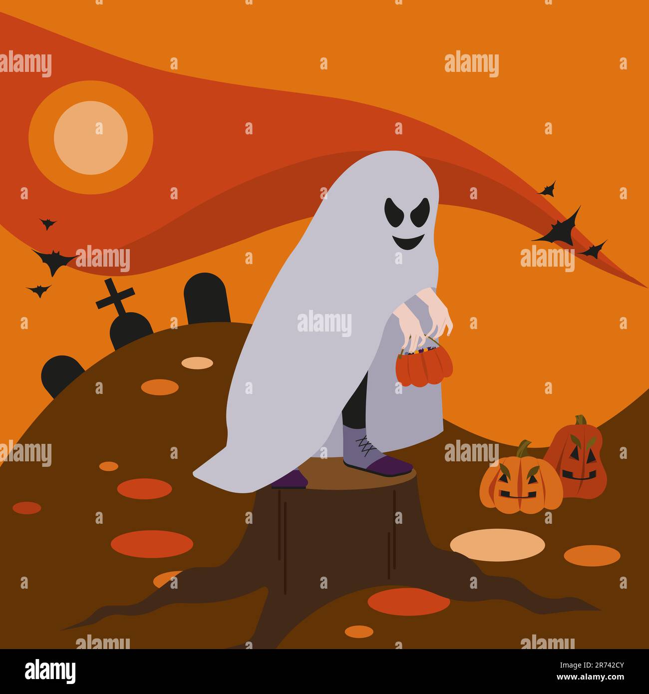 Halloween kid with evil smiling ghost mantle standing on a stump, holding bags with candies. Pumpkins and graves aside. Orange and red sky, yellow moo Stock Vector