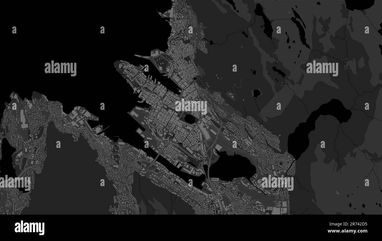 Bergen map. Detailed black map of Bergen city administrative area. Cityscape poster metropolitan aria view. Black land with white buildings, water, fo Stock Vector
