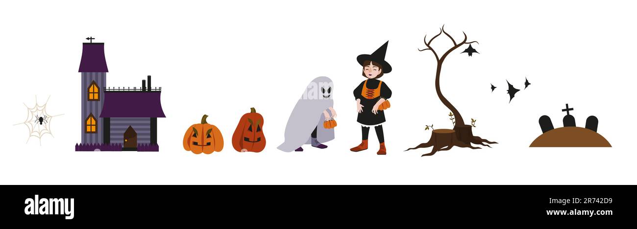 Halloween holiday isolated characters and objects set. Girl witch, kid with ghost mantle, pumpkins, tree with stumps, graves, spider on a web, house. Stock Vector