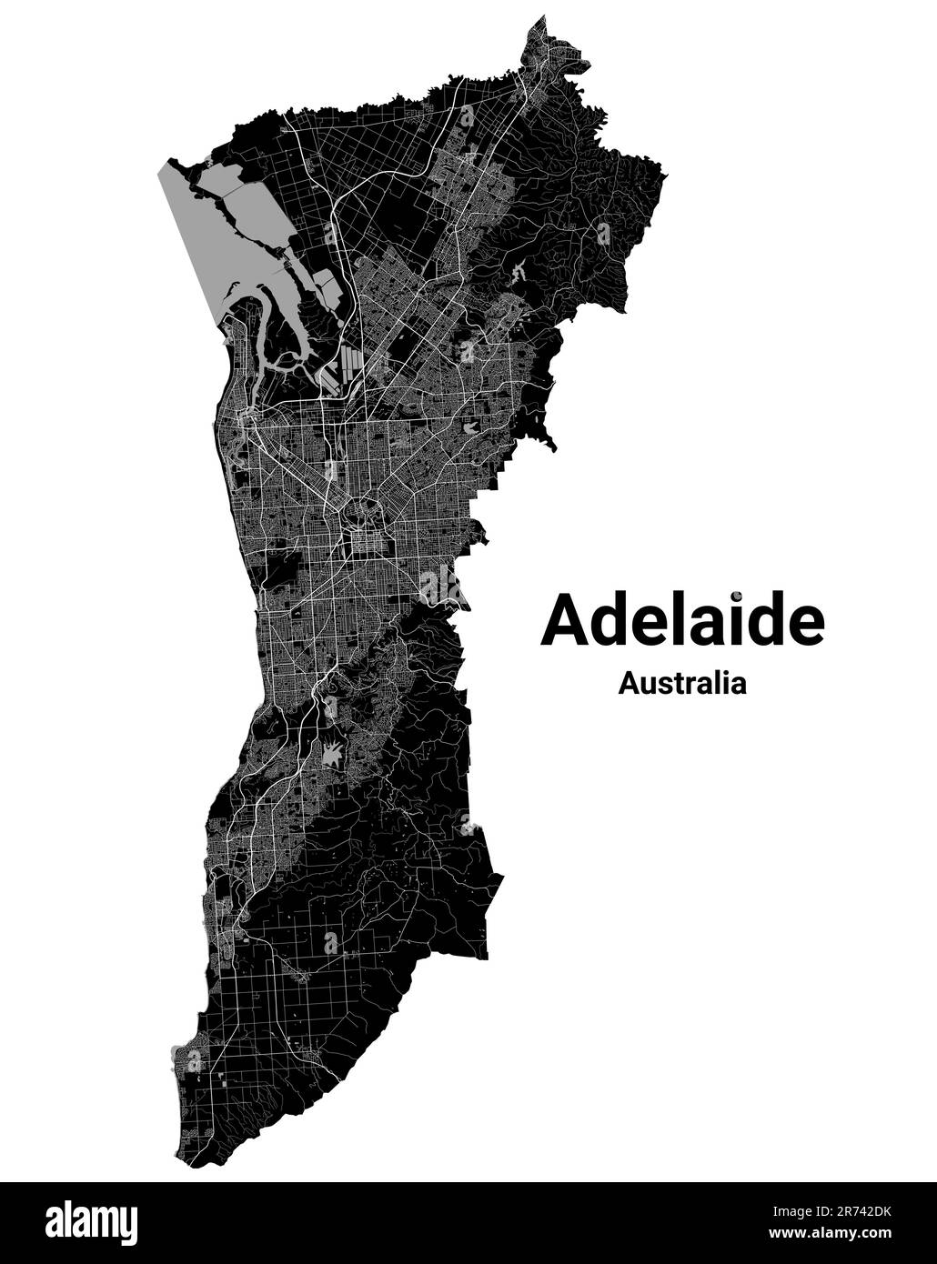 Adelaide map. Detailed black vector map of Adelaide city administrative area. Cityscape poster metropolitan aria view. Dark land with white streets, r Stock Vector