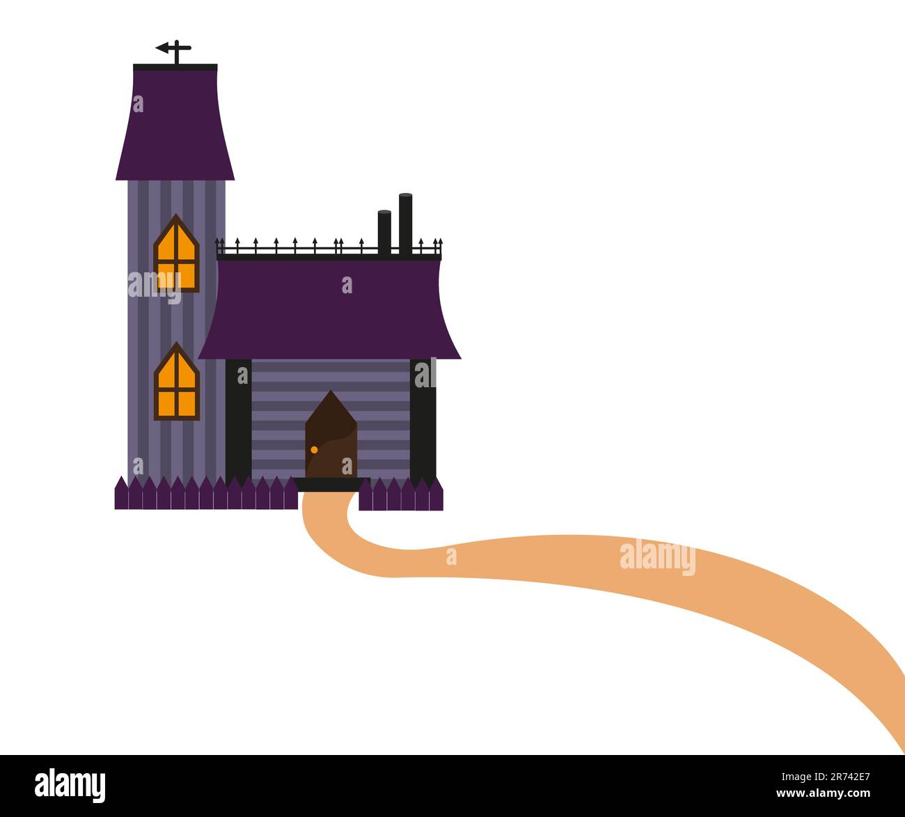 Small castle, house with a tower and a road. Victorian style, flat design vector illustration. Purple color. Isolated halloween object. Stock Vector