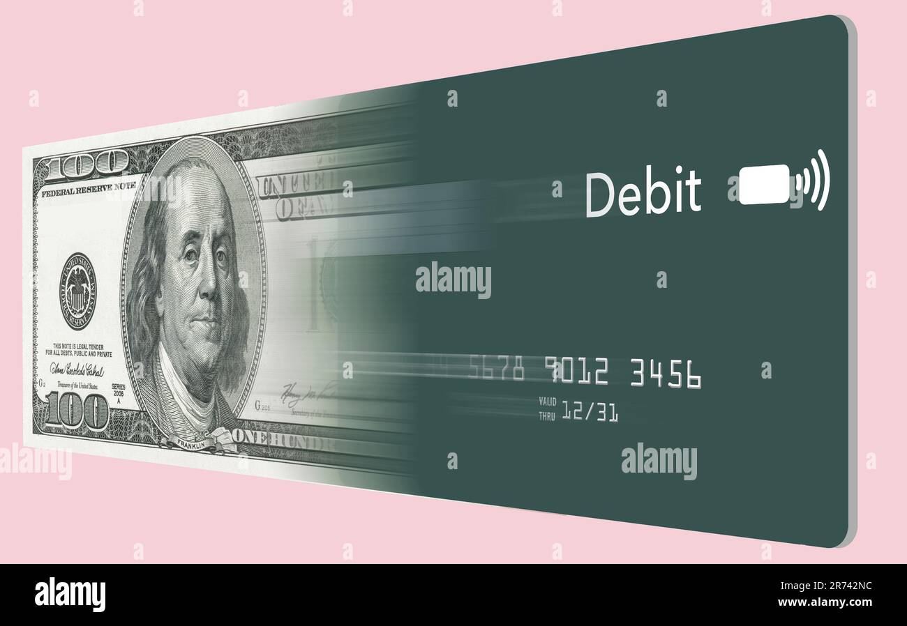 A one-hundred dollar bill transforms into a debit card in this 3-d illustration about going cashless and using cards instead of cash. Stock Photo