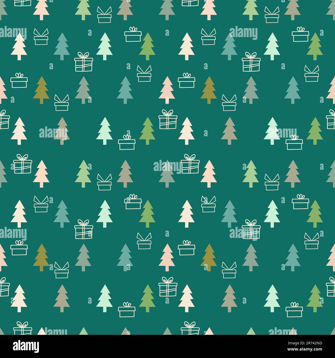 Different color Christmas Trees and outline gifts on green background