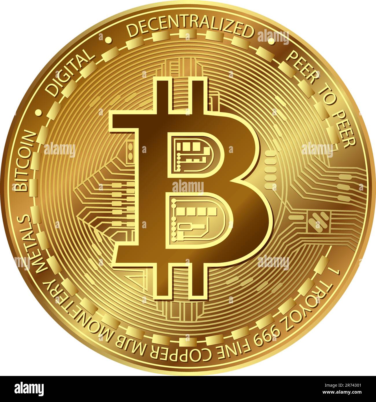 Gold Bitcoin. Electronics finance money symbol. Golden cryptocurrency coin. Isolated vector illustration on white background Stock Vector