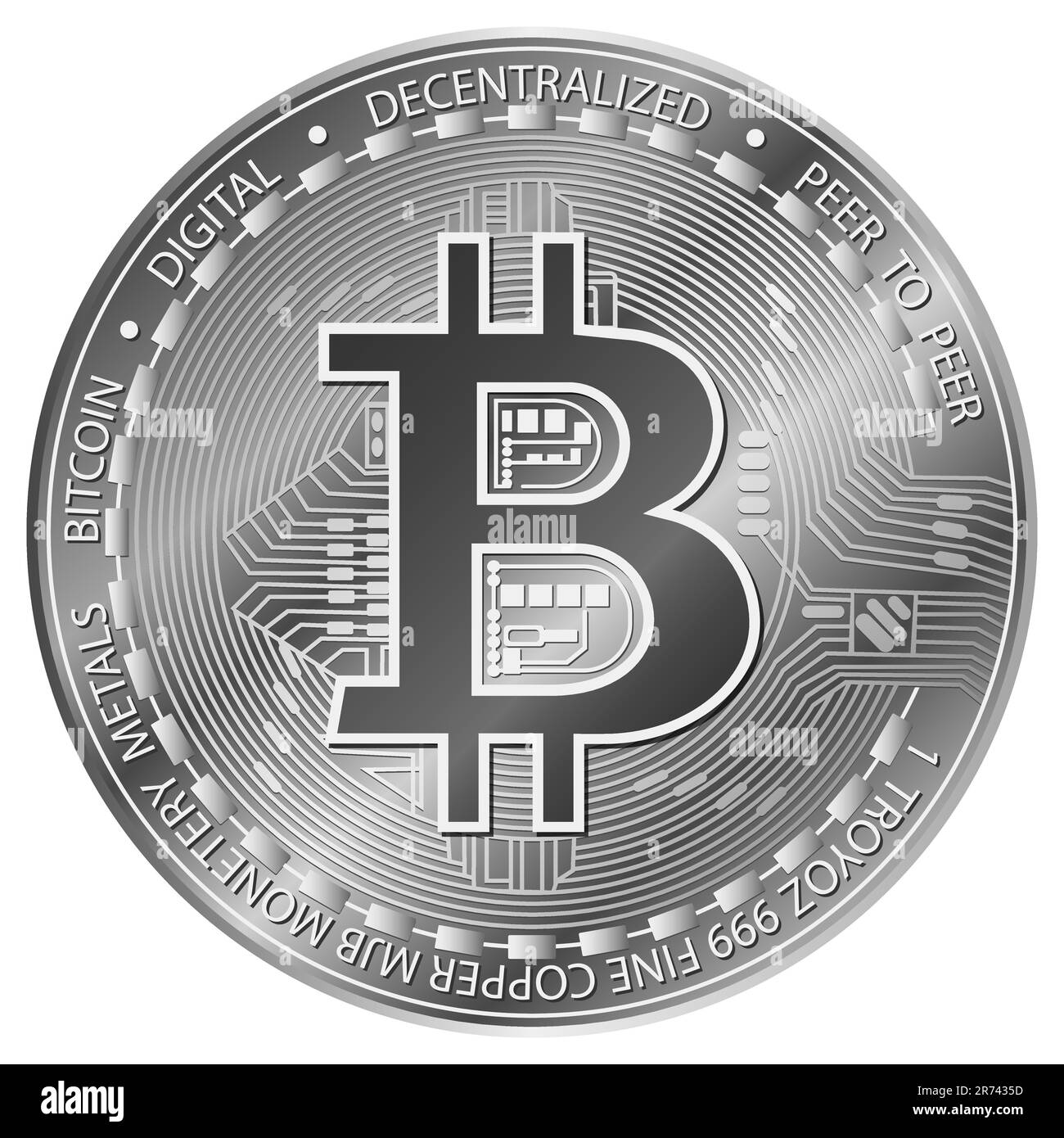Silver Bitcoin. Electronics finance money symbol. Silver cryptocurrency coin. Isolated vector illustration on white background Stock Vector