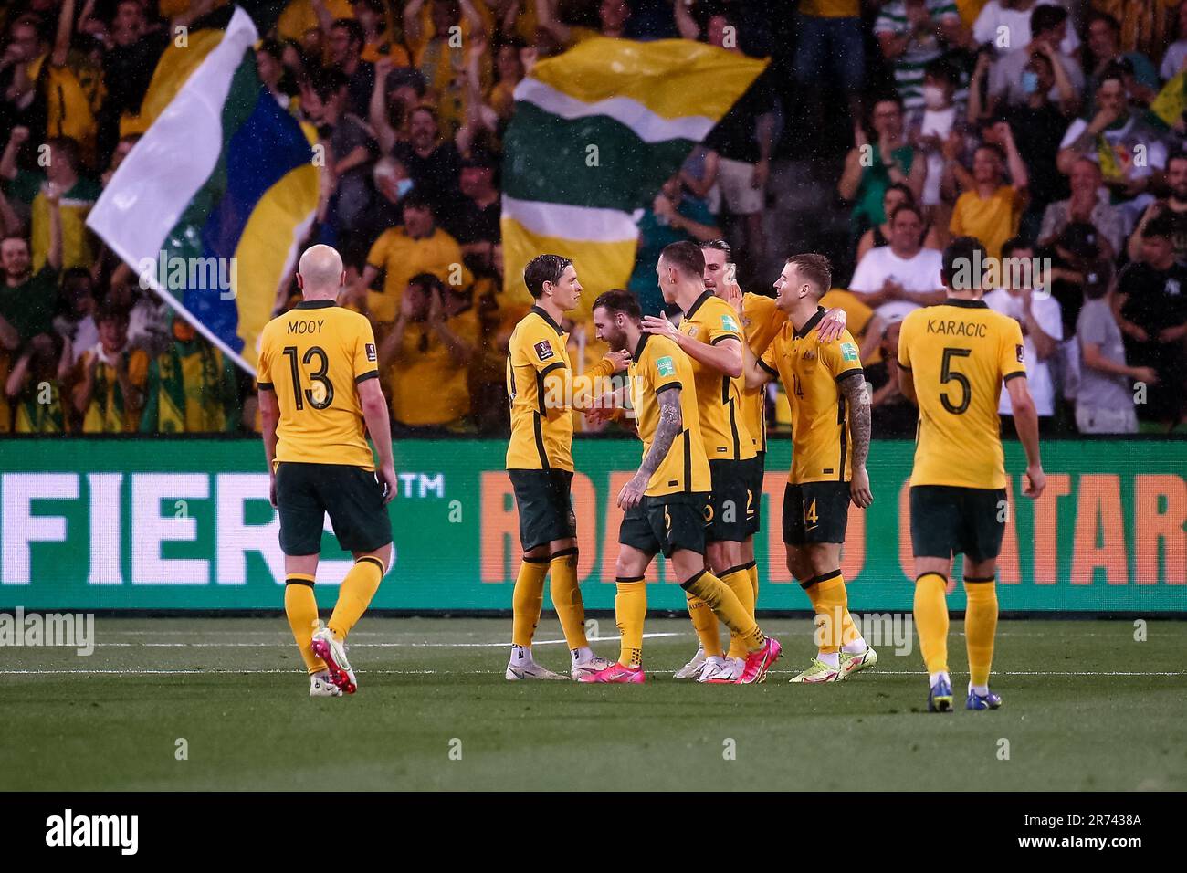 Melbourne, Australia, 27 January, 2022. Riley McGree of the Australian Socceroos celebrates after a goal during the World Cup Qualifier football match between Australia Socceroos and Vietnam on January 27, 2022 at AAMI Park in Melbourne, Australia. Credit: Dave Hewison/Speed Media/Alamy Live News Stock Photo