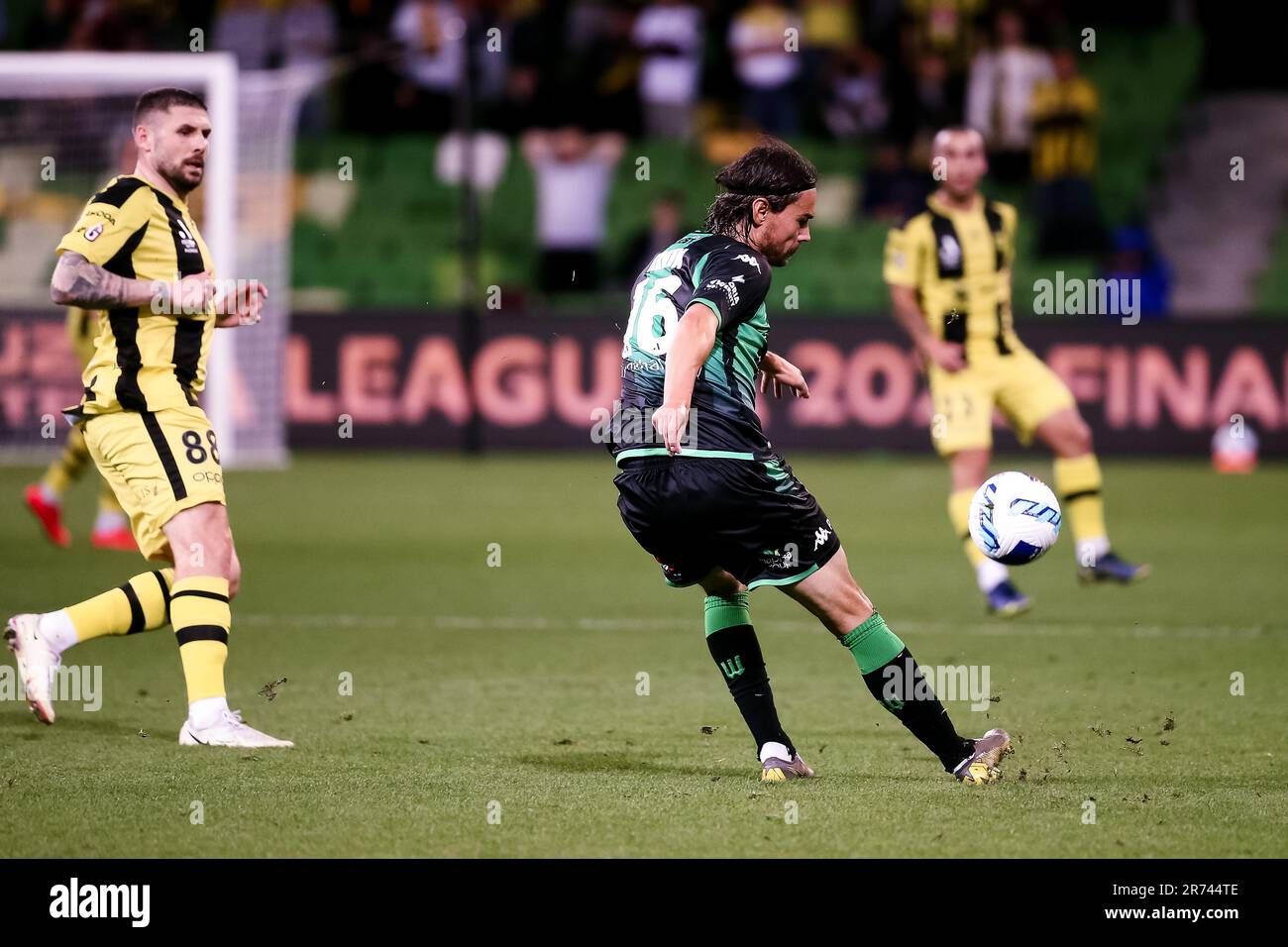 MELBOURNE, AUSTRALIA - MAY 14: Rene Krhin of Western United kicks the ball  during the A-League Elimination Final soccer match between Western United and Wellington Phoenix at AAMI Park on May 14, 2022 in Melbourne, Australia. Stock Photo