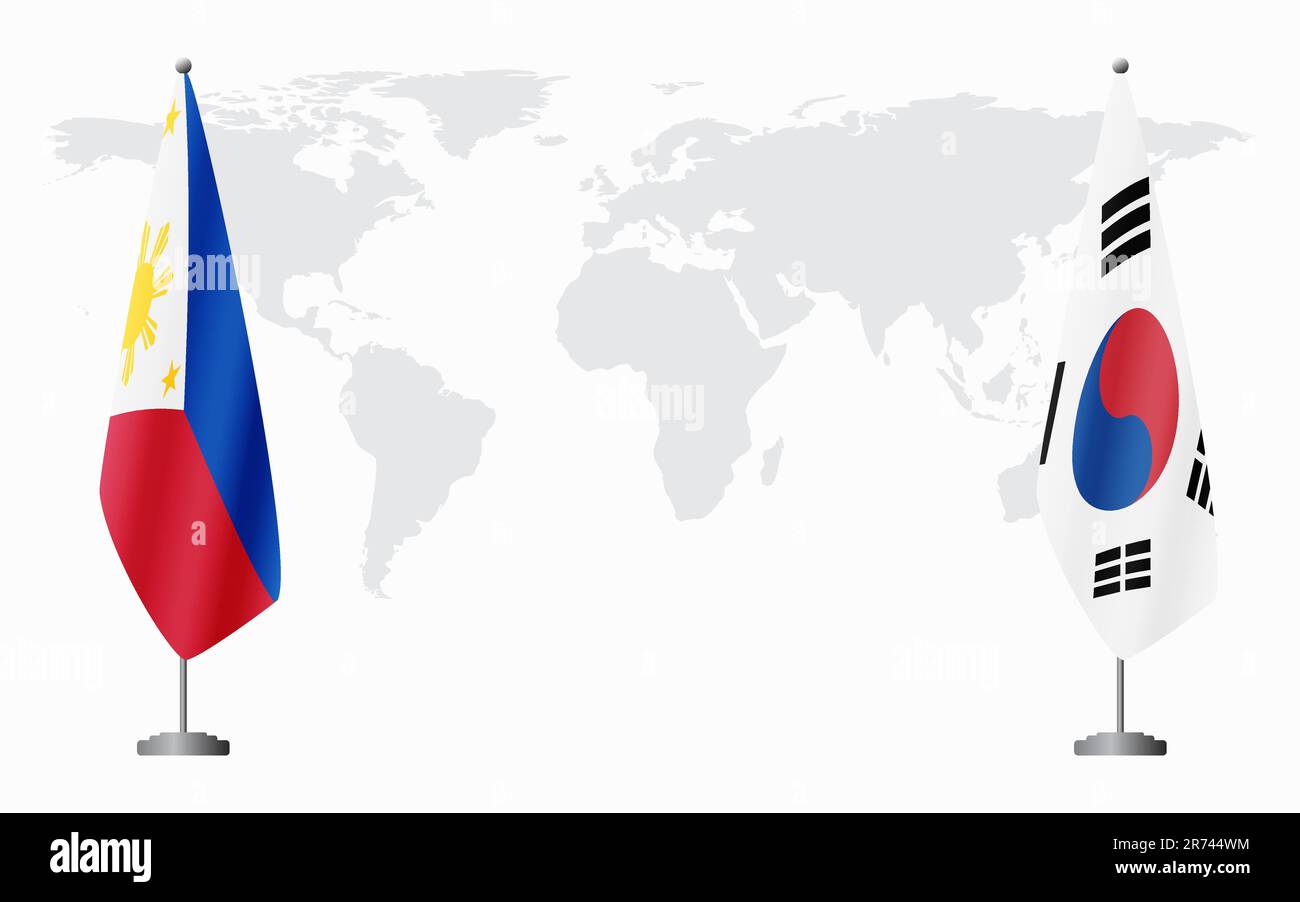 Philippines and South Korea flags for official meeting against background of world map Stock
