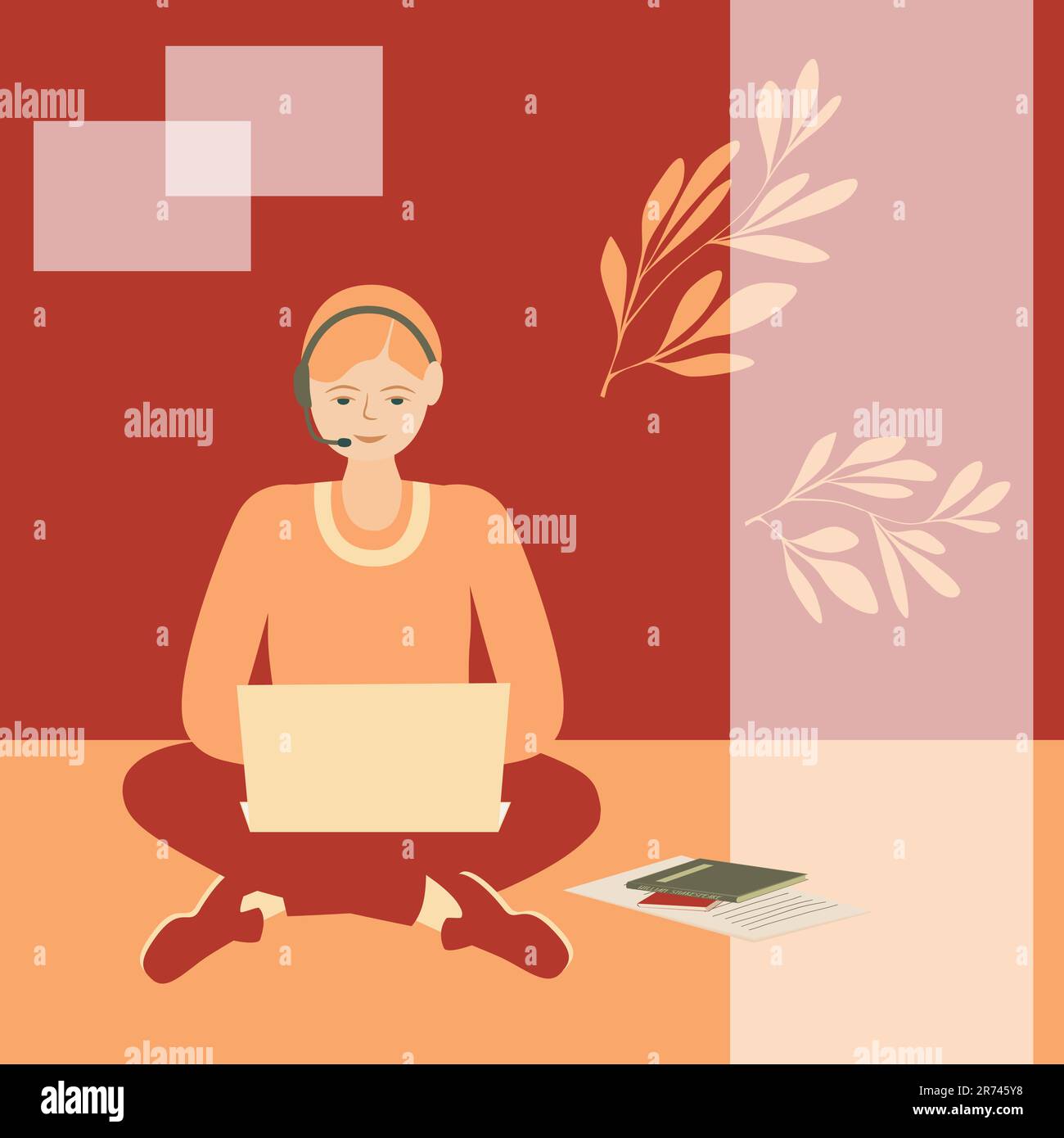 Girl sitting on the floor and using a laptop. Young woman work or study