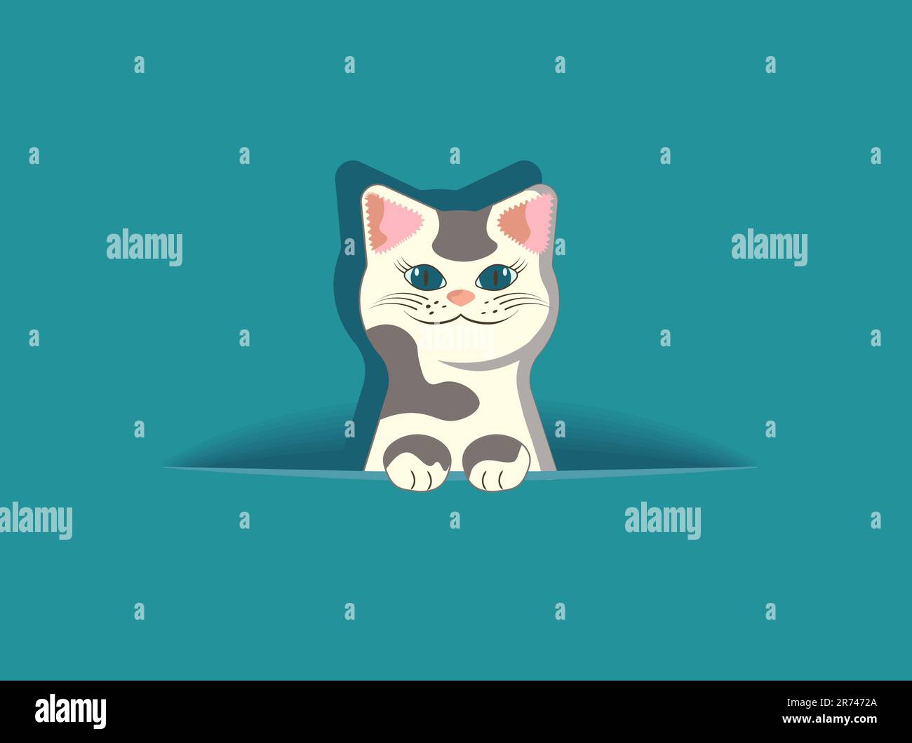 Empty solid blue background with hiding white and black spotted cat ...