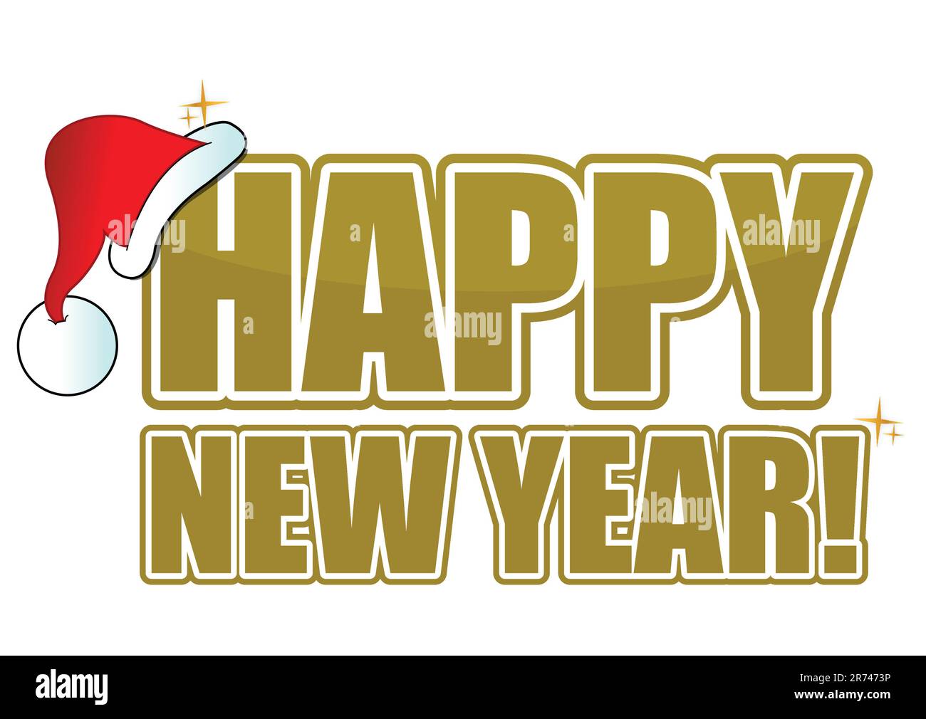 Golden happy new year text with a santa hat. Stock Vector