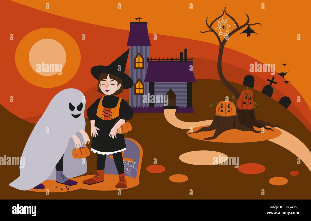 Halloween holiday scene with multiple characters. Young witch, kid ghost, house, pumpkins on stumps, tree without leaves and with a spider on a web, c Stock Vector