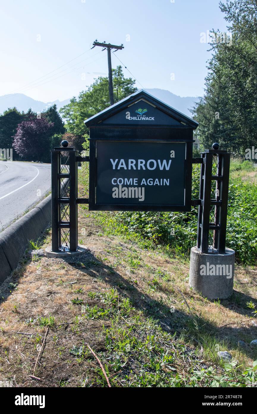 Come again to Yarrow town sign in Chilliwack, British Columbia, Canada Stock Photo