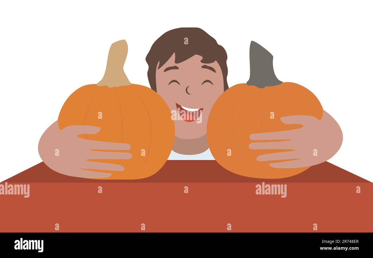 Happy boy winning pumpkin and posing for photographers. Isolated vector illustration on white background Copy space Stock Vector