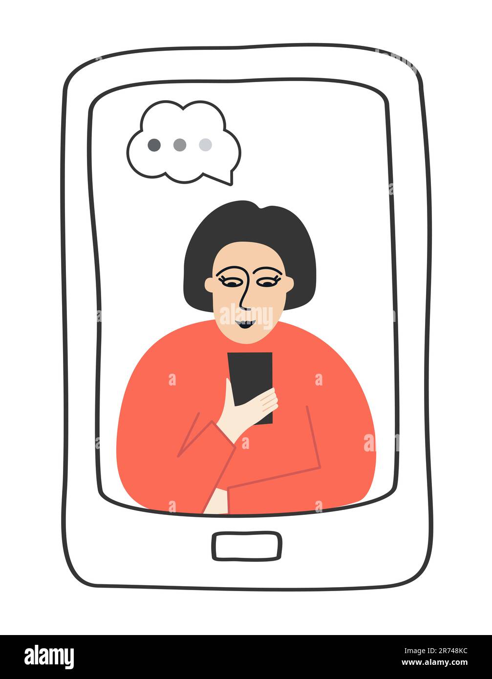 Restart Woman sitting in the frame of a phone and using a smartphone Hand drawn vector illustration Isolation on white background Stock Vector