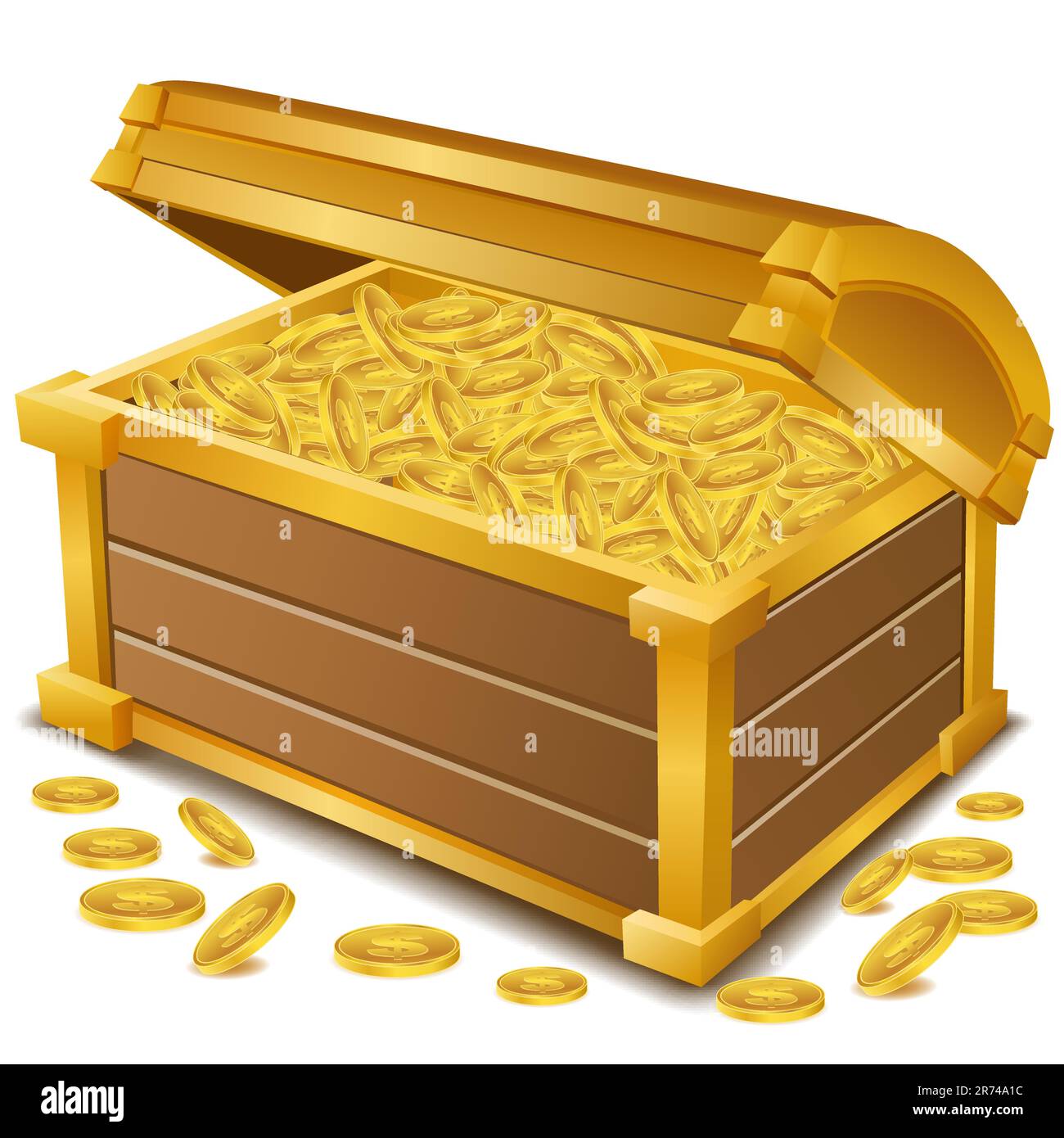 illustration of treasure chest with coins on white background Stock