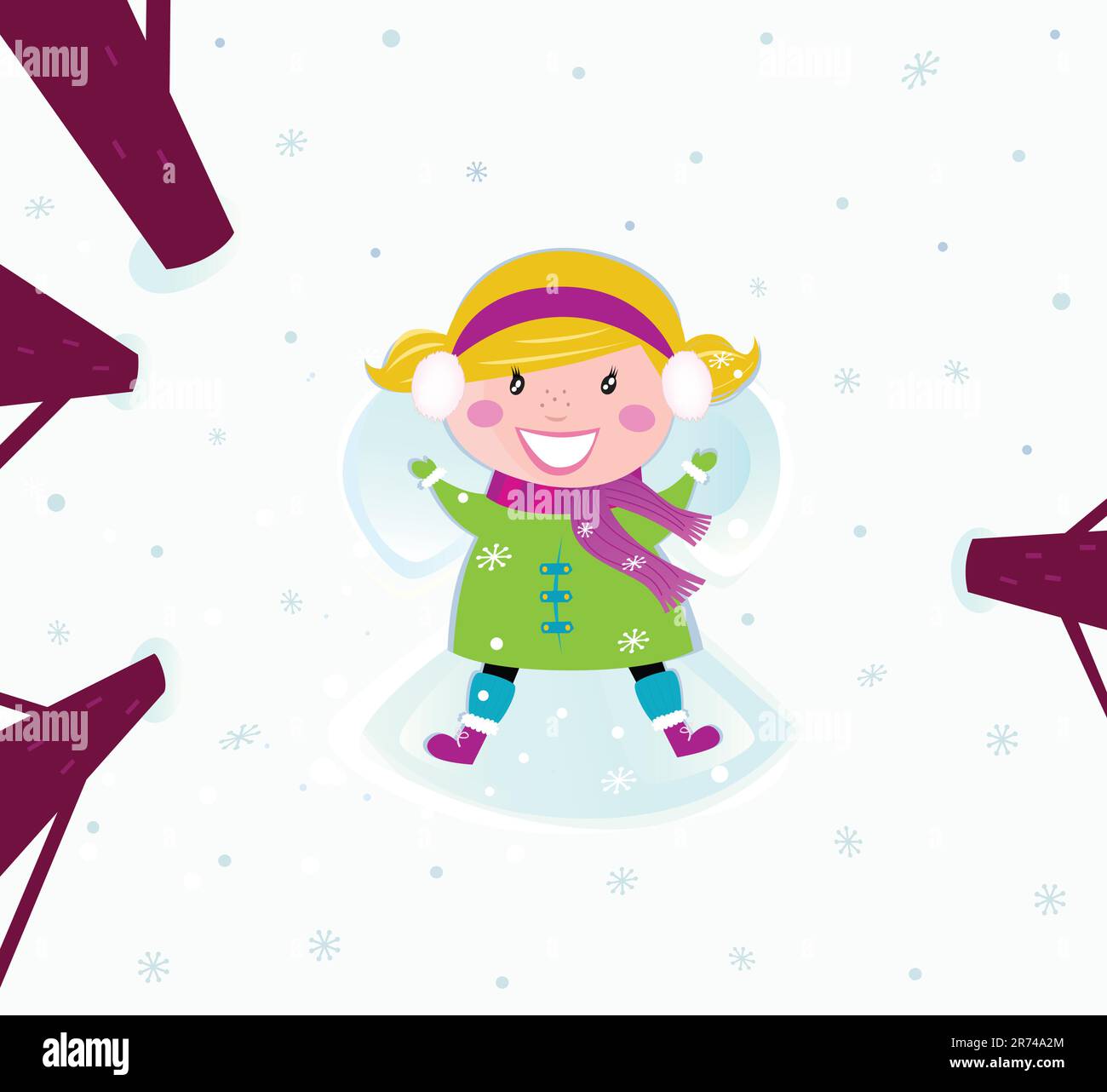 Happy christmas girl in winter nature making angel. Vector cartoon illustration. Stock Vector
