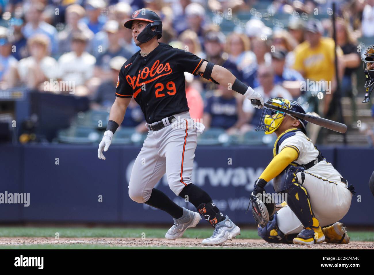 MILWAUKEE, WI - JUNE 08: Milwaukee Brewers catcher William Contreras (24)  bats during an MLB game against the Baltimore Orioles on June 08, 2023 at  American Family Field in Milwaukee, Wisconsin. (Photo by Joe Robbins/Icon  Sportswire) (Icon