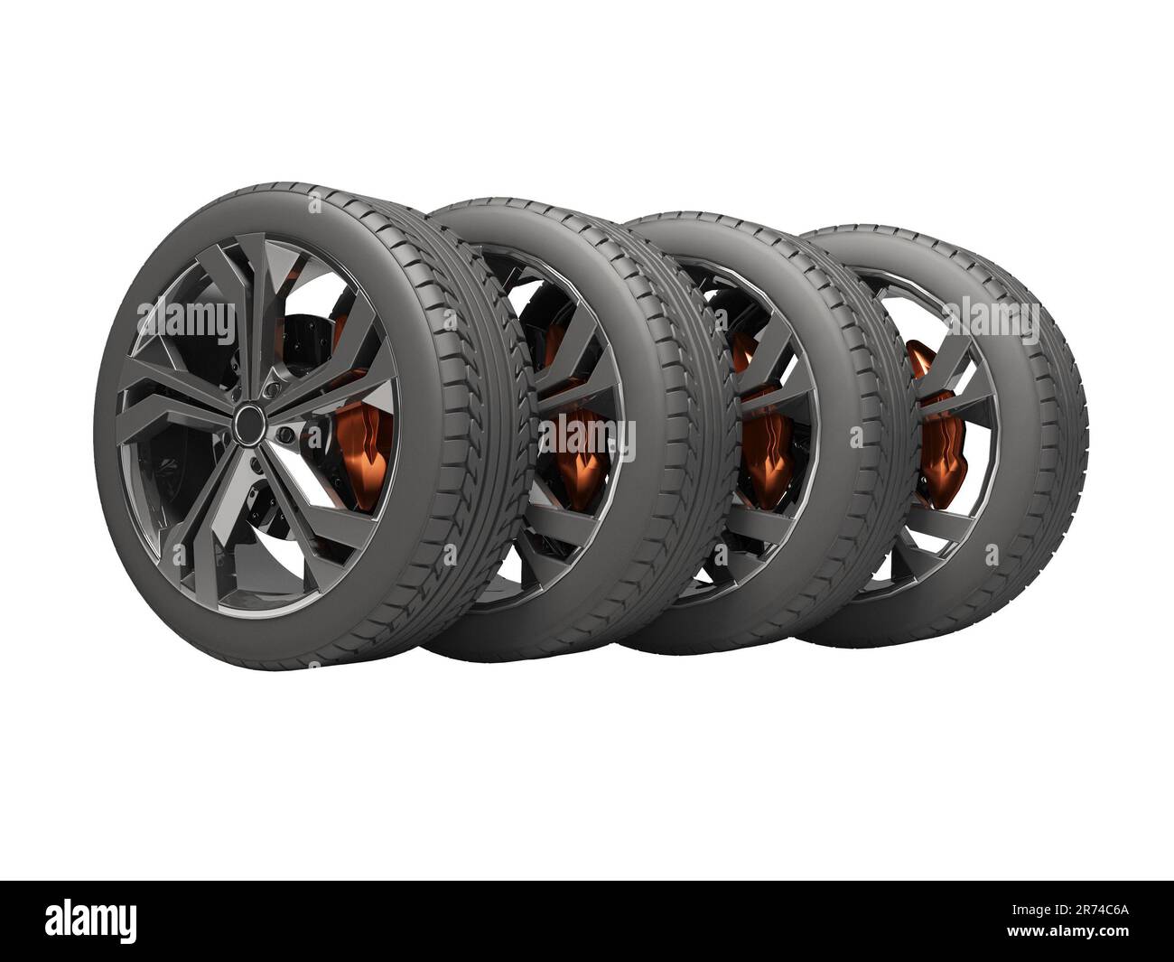 3D rendering of set of wheels and tires for car side view on white