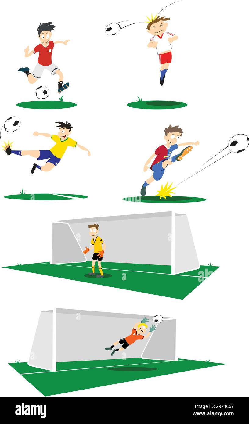 A collection of Football players, kicking, heading and goal keeping. If purchasing the vector, elements such as uniform colour can easily be changed. Stock Vector