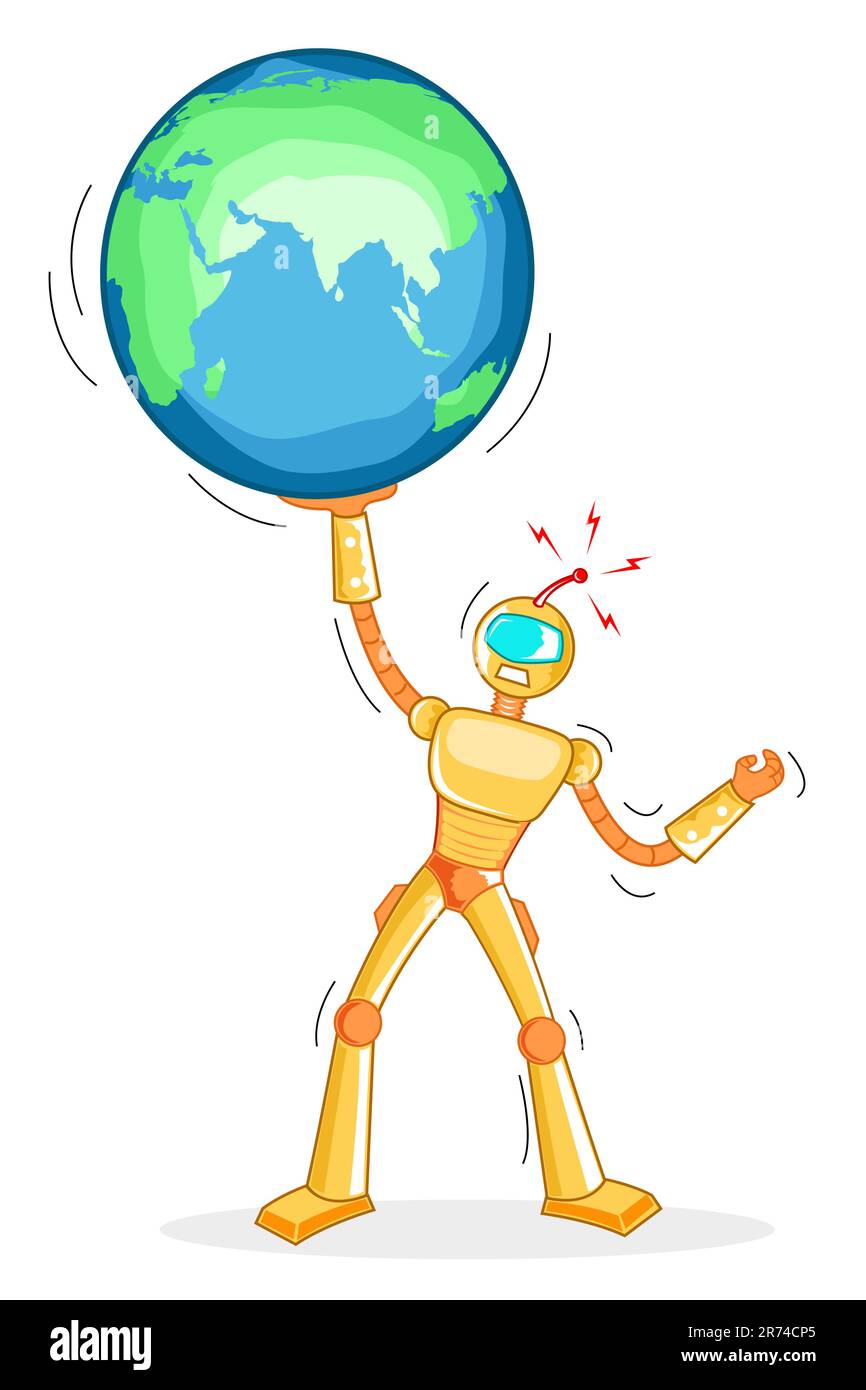 illustration of robot holding globe on white background Stock Vector