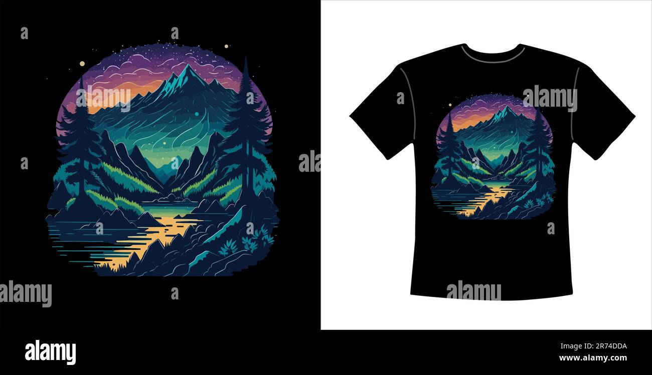 Sunset at the Mountains landscape t-shirt design. Stock Vector