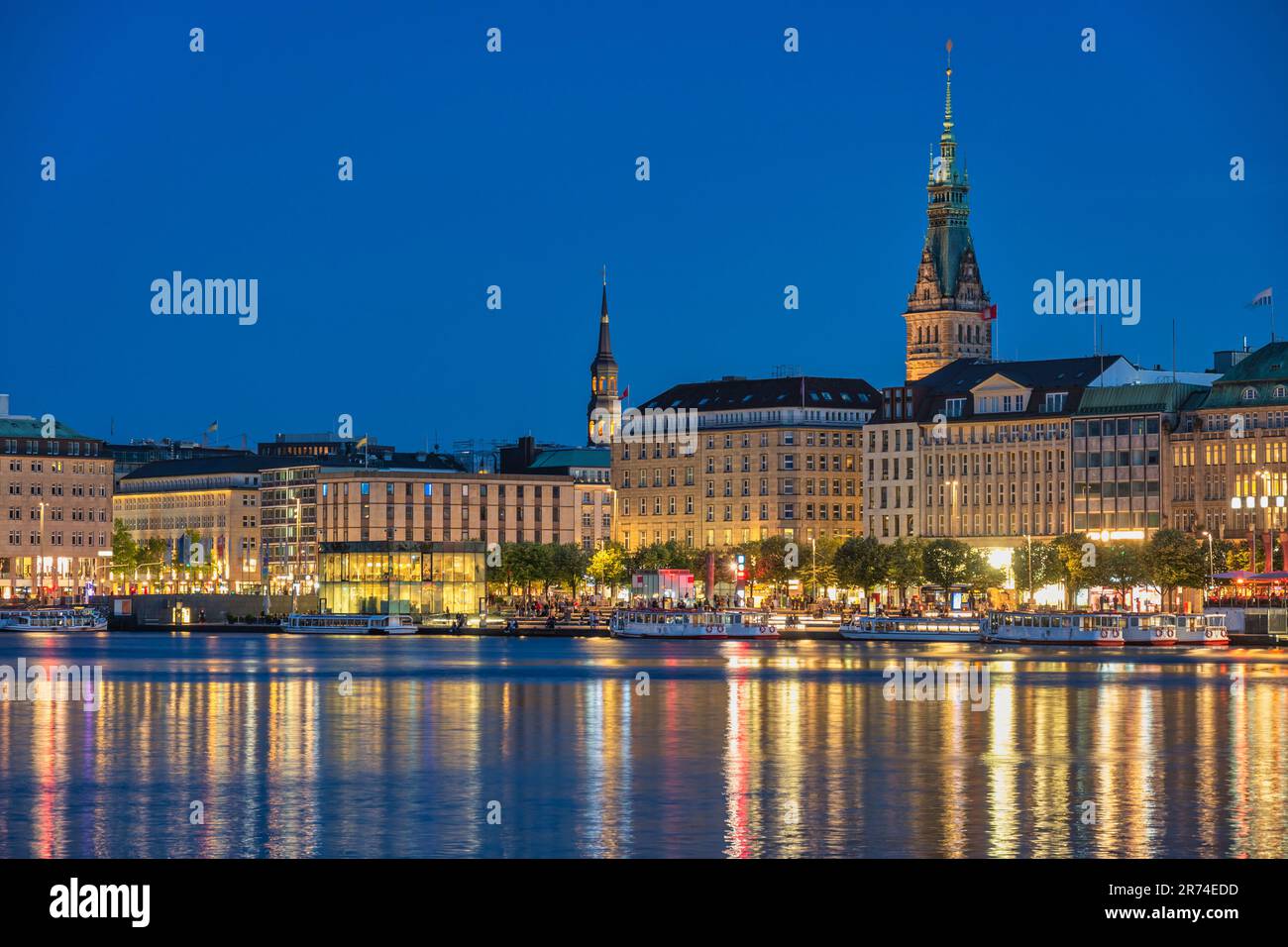 Hamburg Germany, night city skyline at Alster Lake Stock Photo