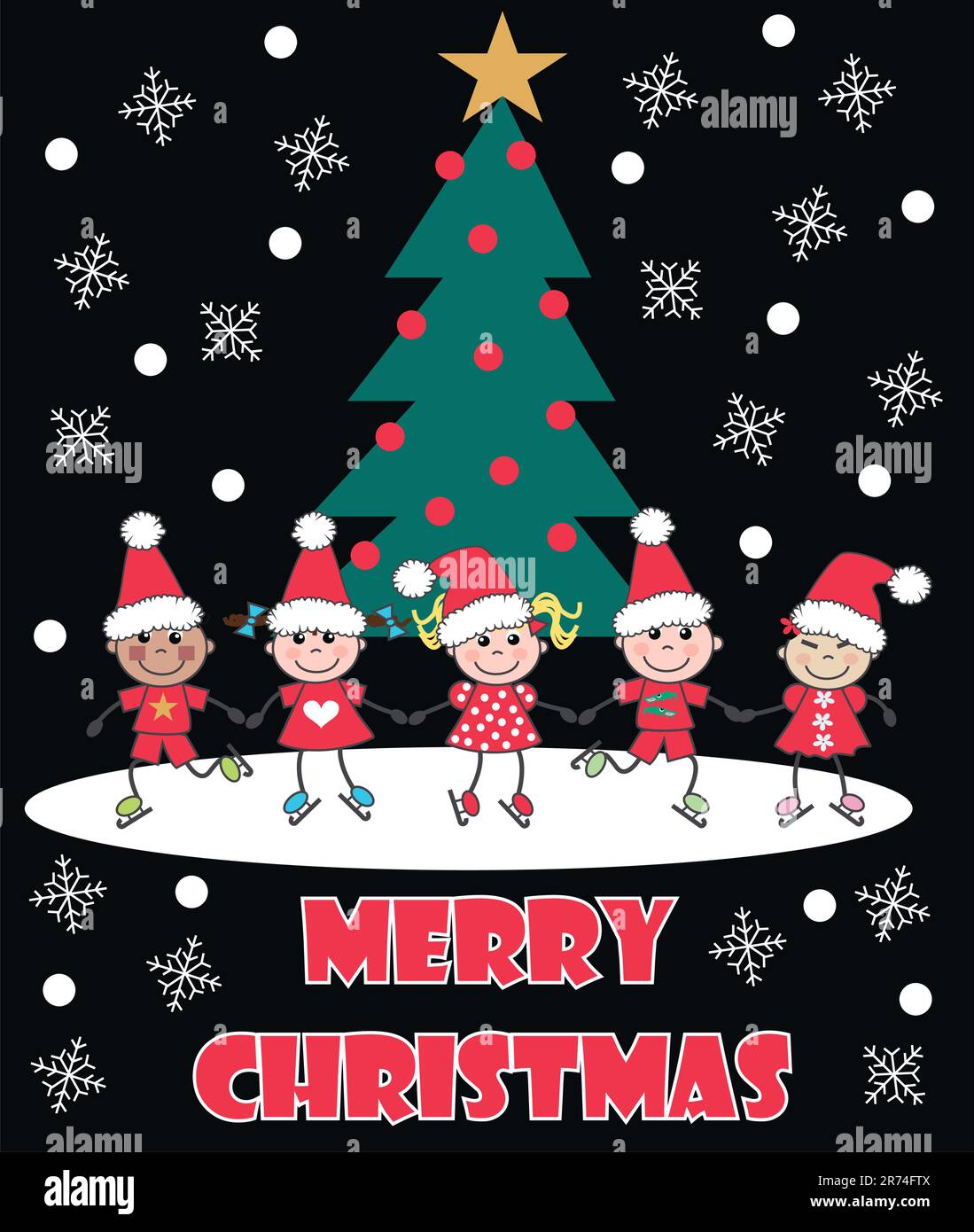 merry christmas card with mixed ethnic kids Stock Vector