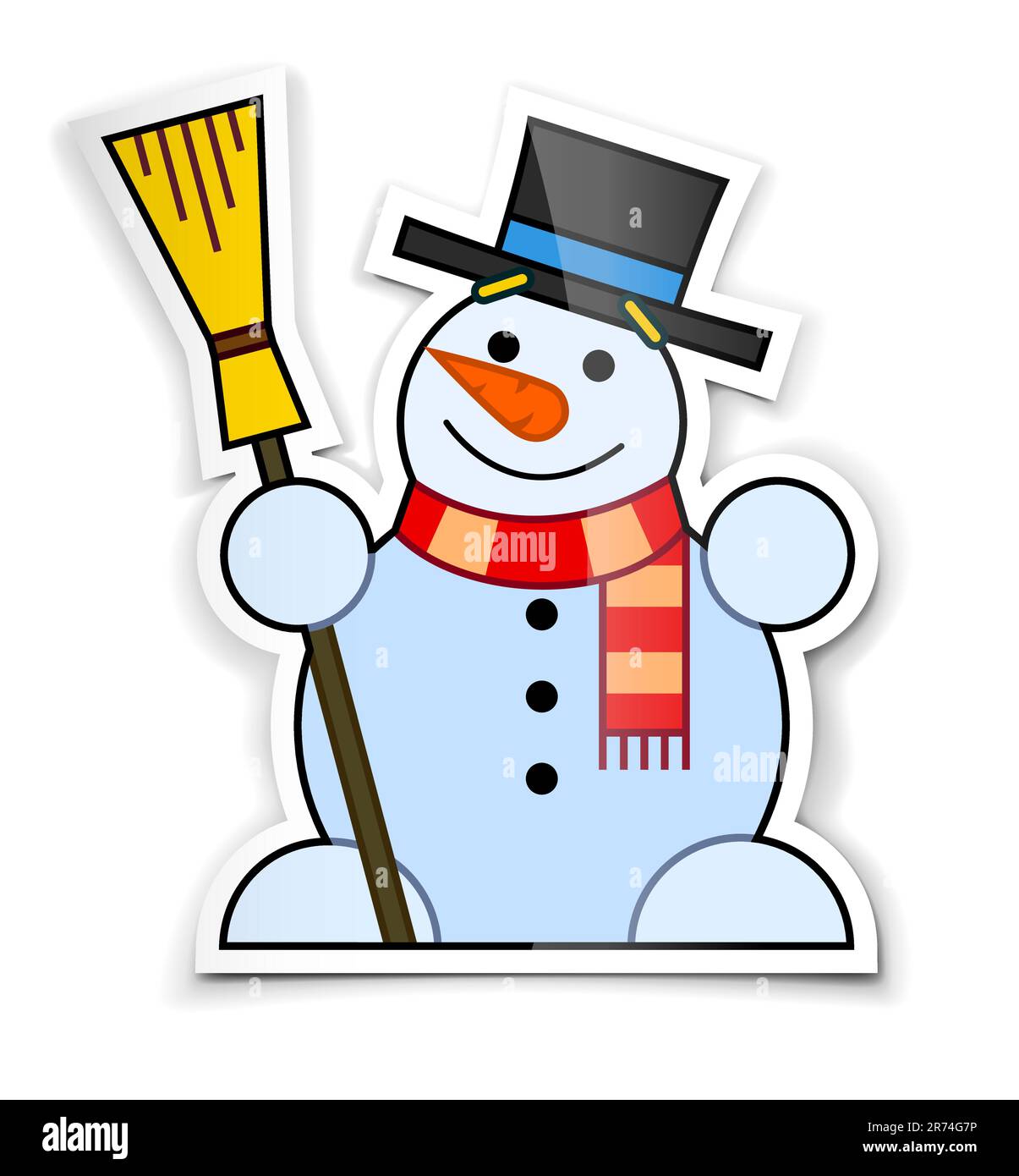 sticker of smiling snowman in top hat with broom vector illustration isolated on white background Stock Vector