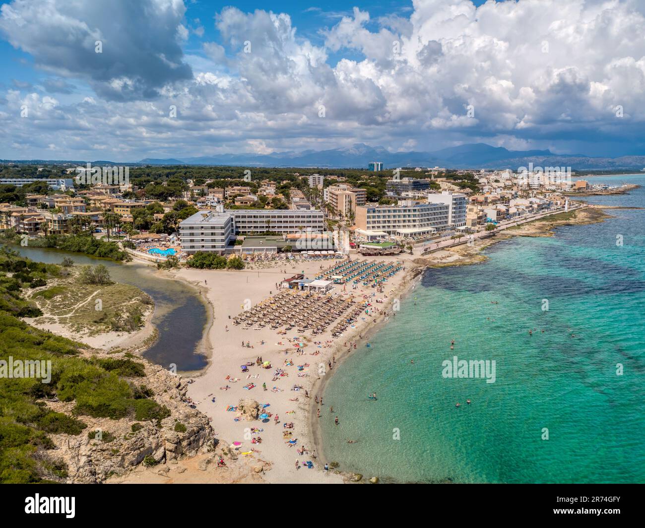Picafort Cityscape and beach drone landscape panorama Can Picafort, Balearic ...