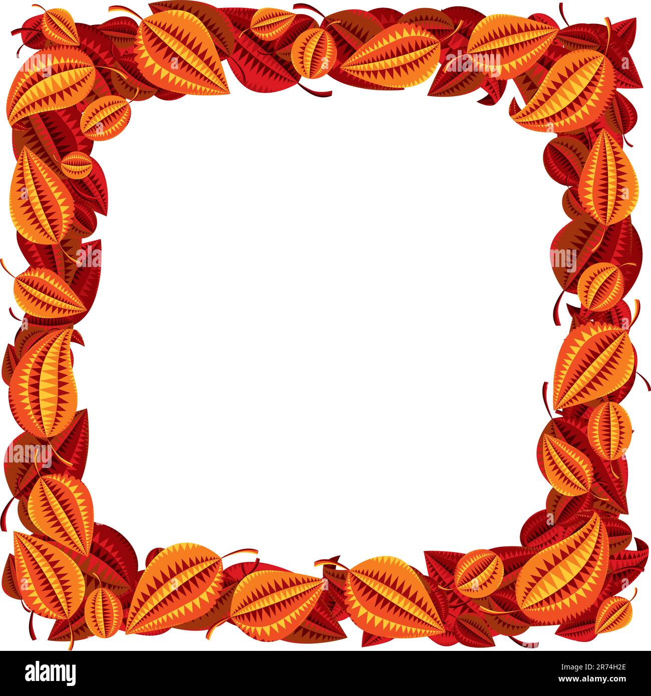 Accurate square frame of fallen autumn bright red and yellow leaves, ornamental background for design Stock Vector