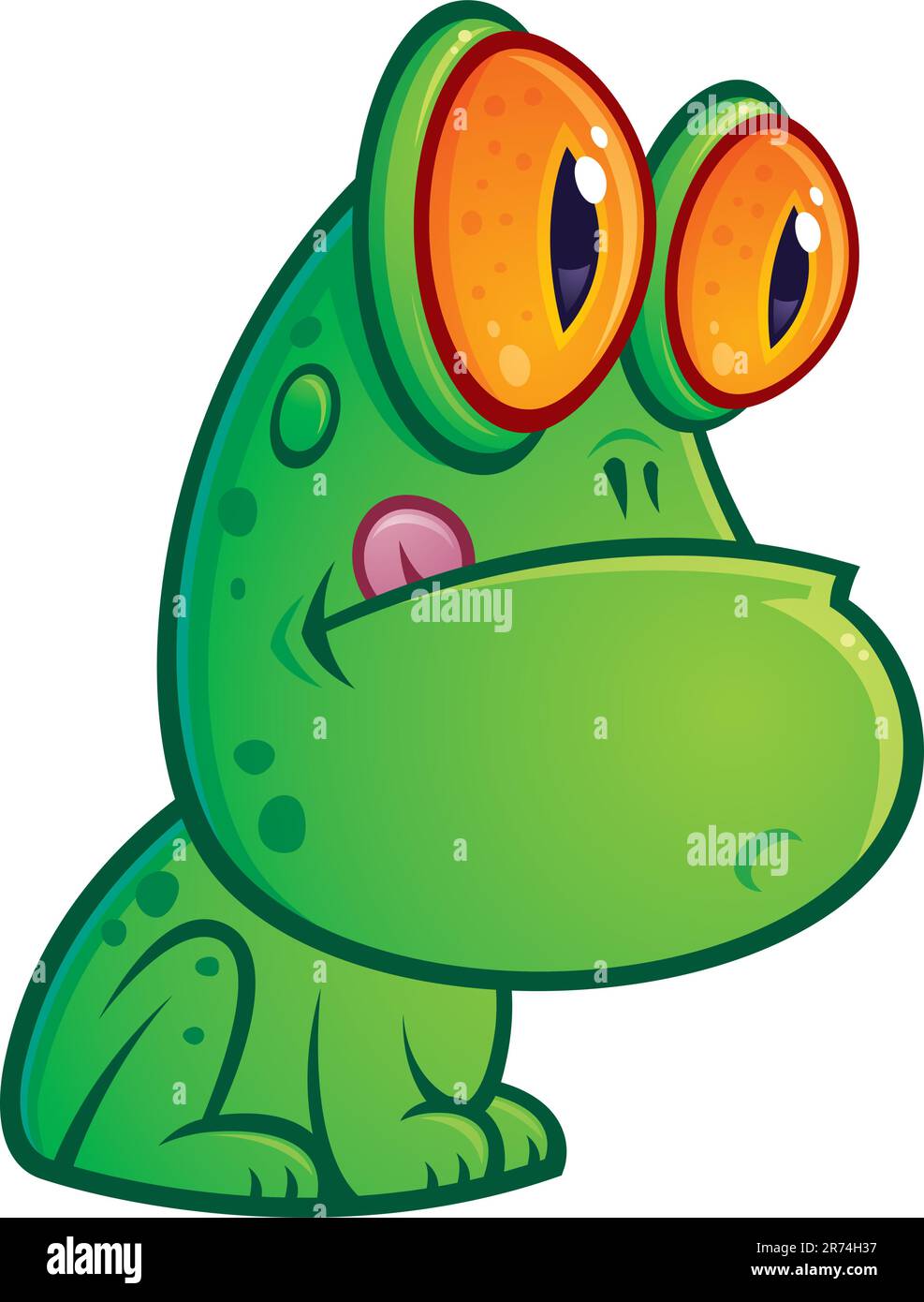 Vector cartoon illustration of a silly green frog with orange eyes sitting with his tongue