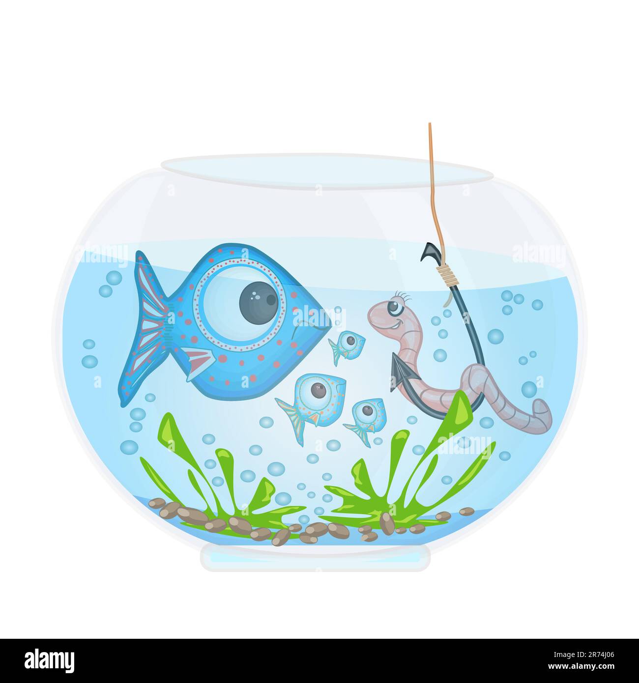 Fish and worm on hook in aquarium. Fishing in the fishbowl. Astonished cartoon fish look to earthworm on fishhook.Bait lure fishes.Vector illustration Stock Vector