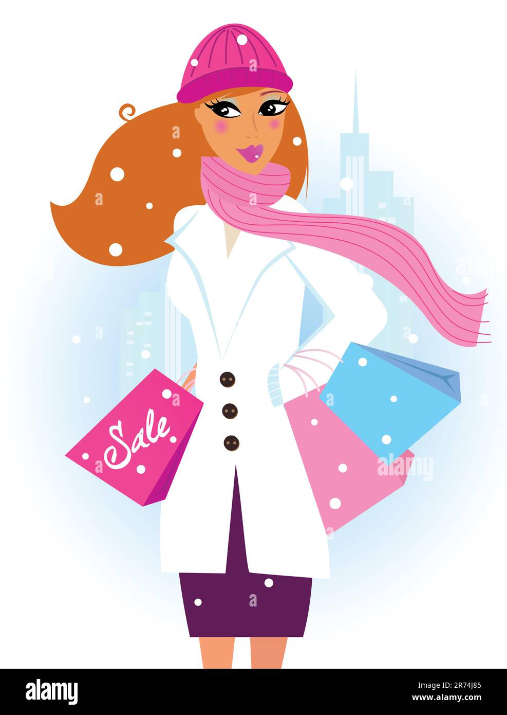 Vector illustration of winter woman with gifts. Vector Illustration. Stock Vector
