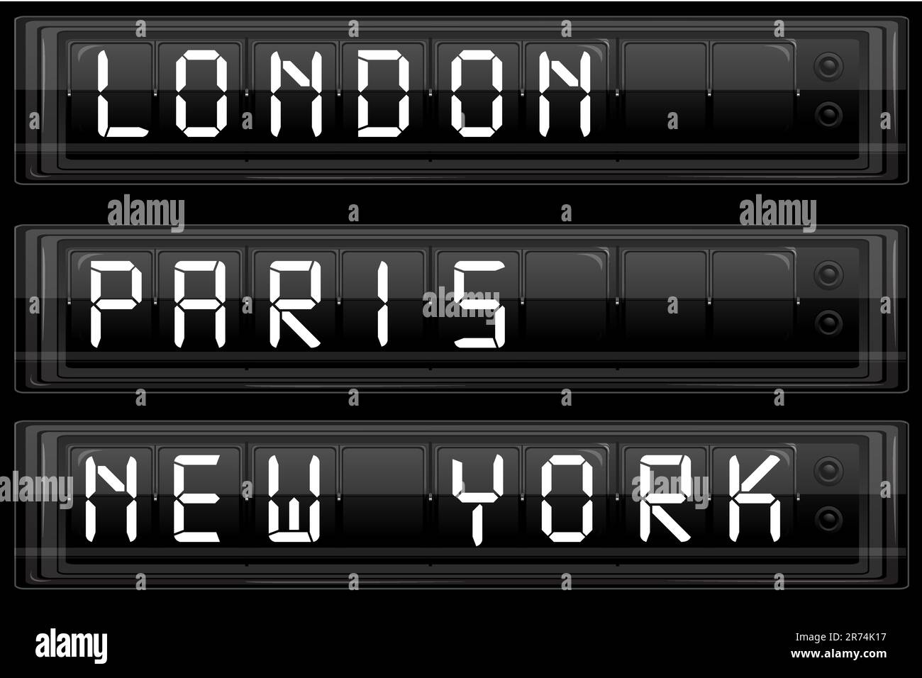 illustration of display board with london paris and new york Stock Vector