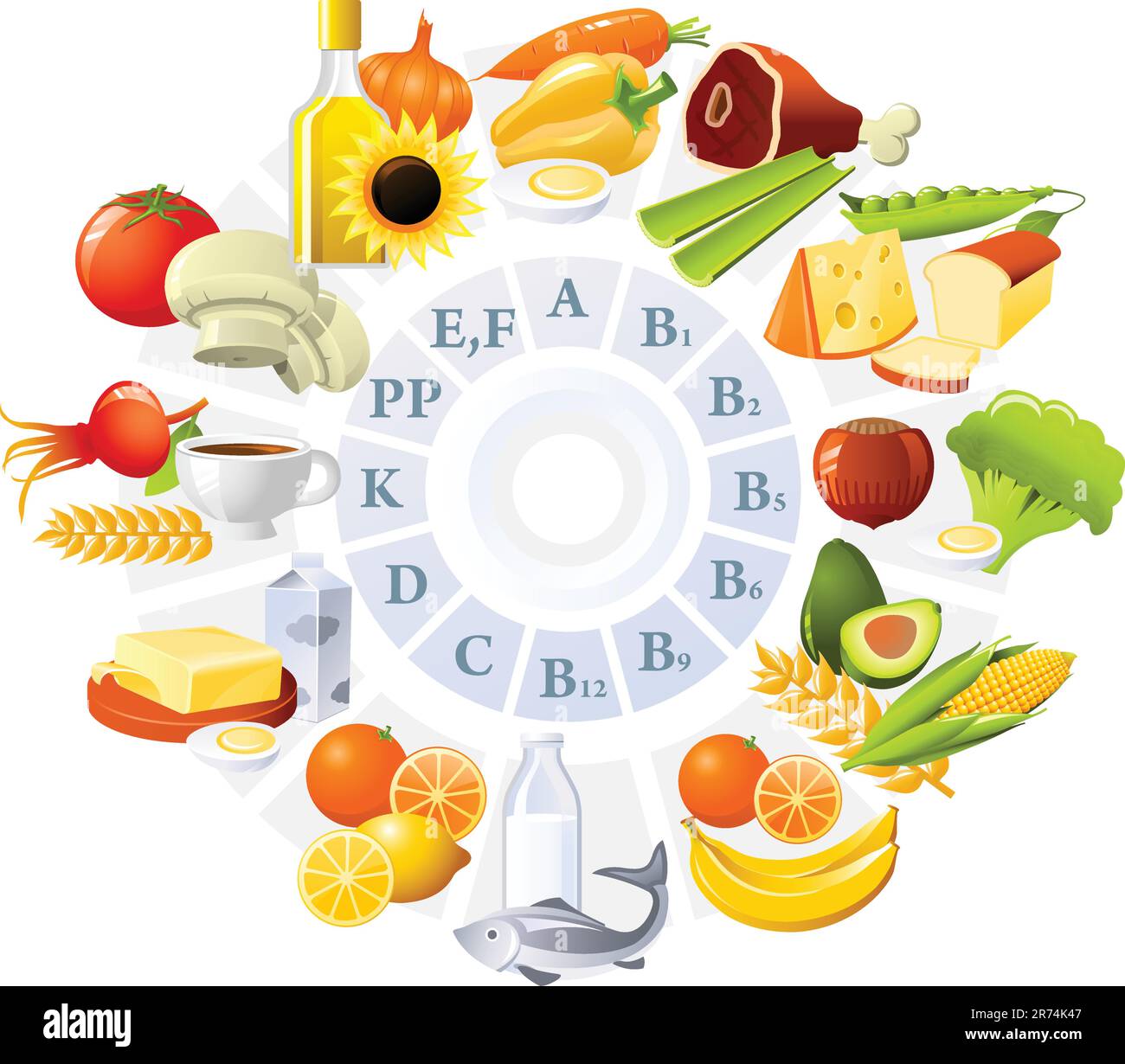 Table of vitamins - set of food icons organized by content of vitamins Stock Vector
