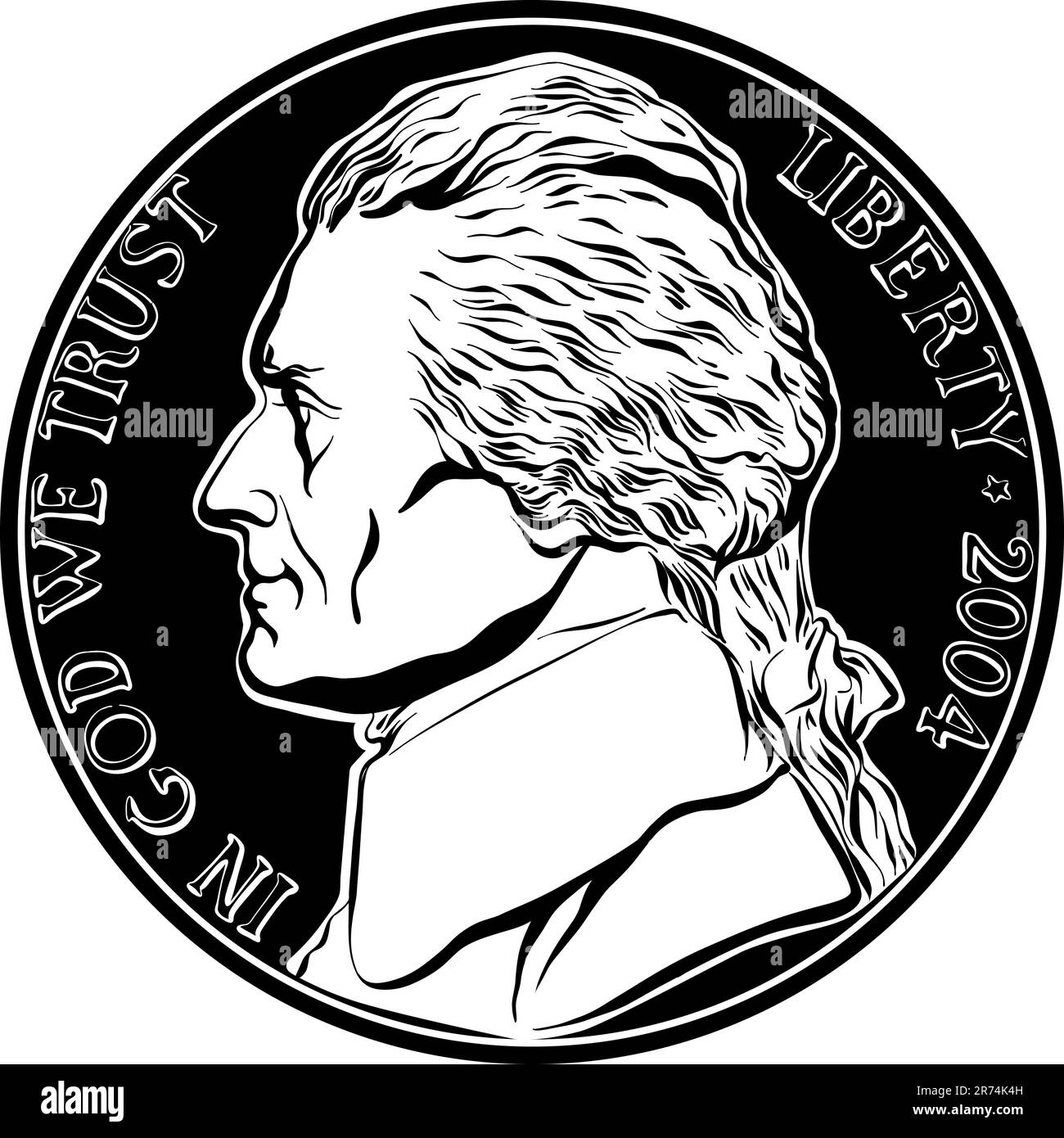 Jefferson nickel, American money, United States five-cent coin with Jefferson, third President of USA on obverse. Black and white image Stock Vector