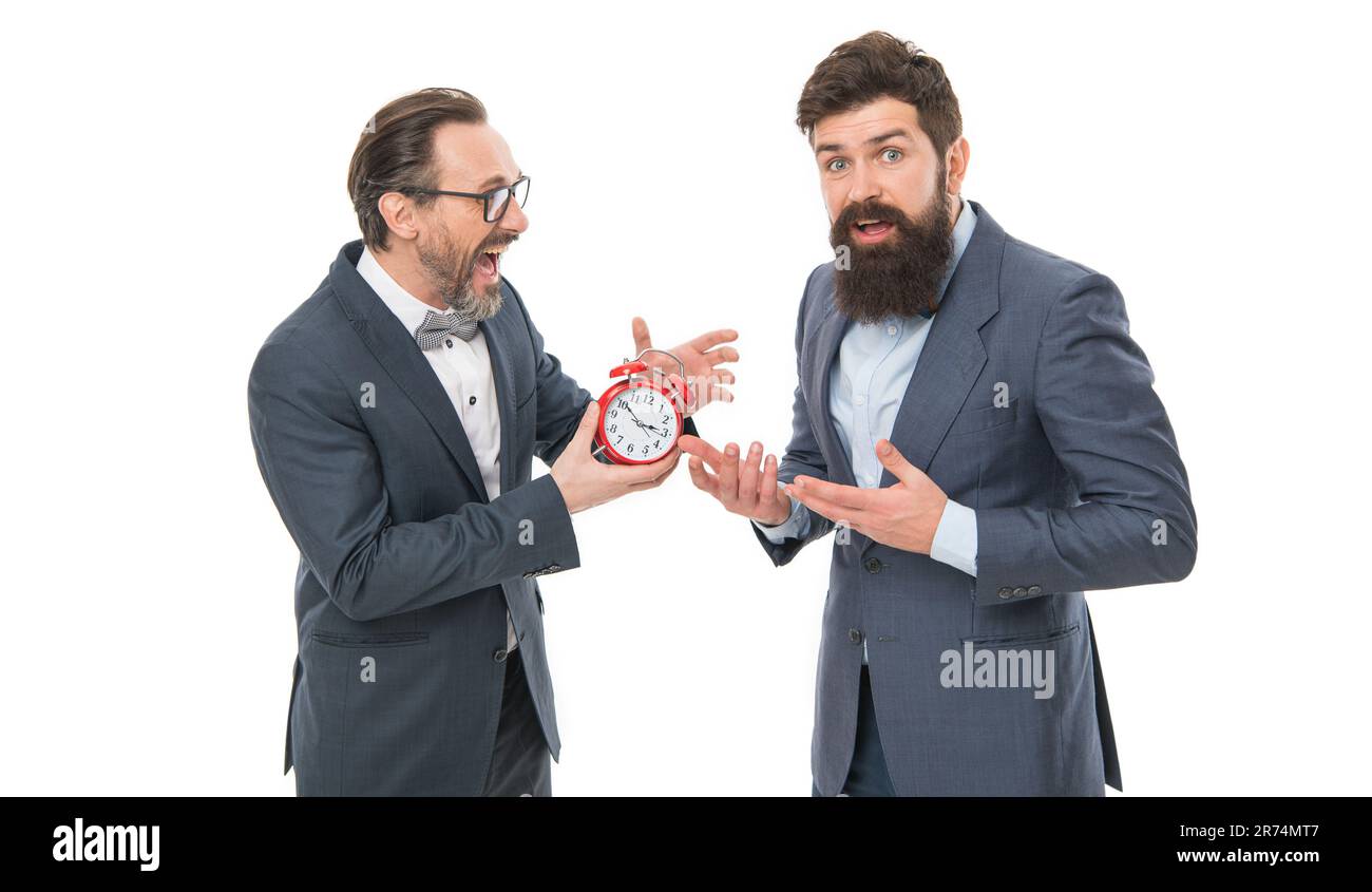 Time management discipline. Improve punctuality. Man mature boss with clock care about time efficiency. Coworkers discipline. Punctuality concept Stock Photo