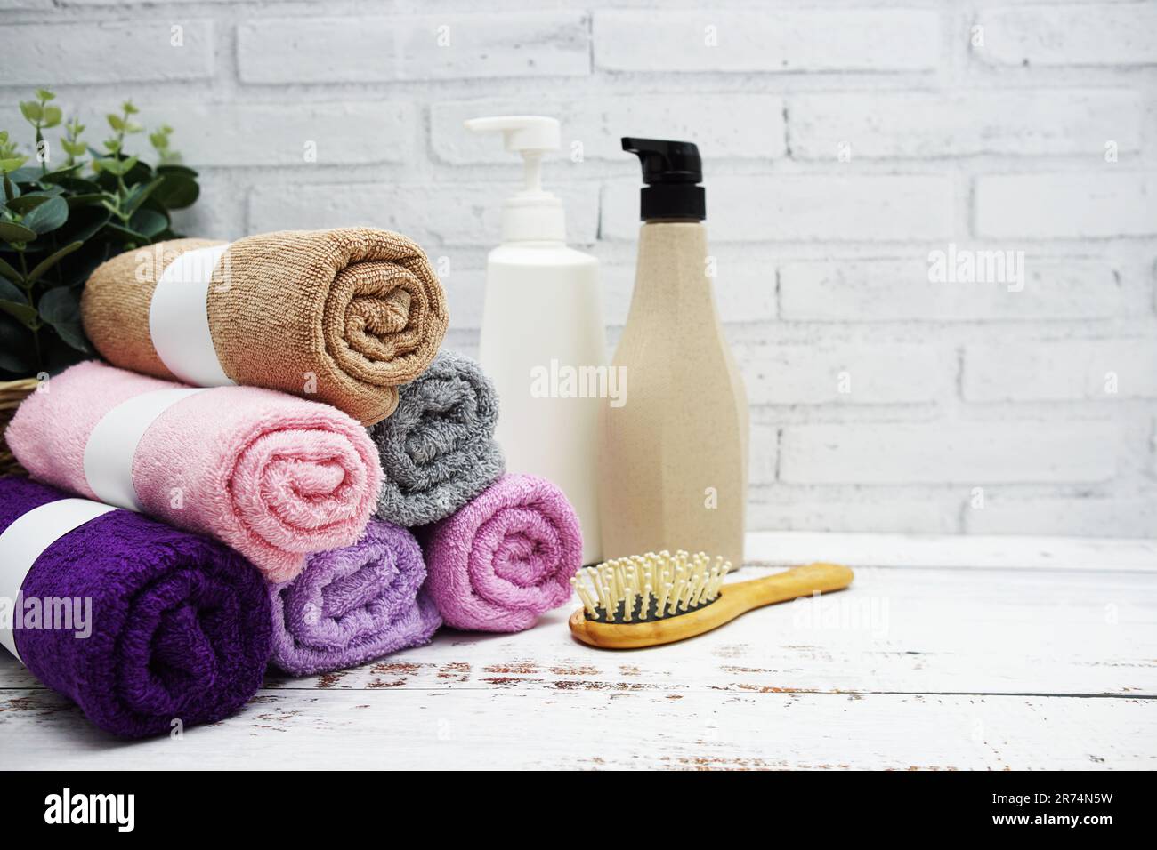 Clean towels, Shampoo, Liquid Soap with Other Toiletry and interior  accessories with copy space Stock Photo - Alamy